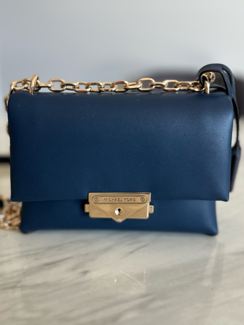 Michael Kors Cece XS Navy Blue Leather Gold Chain Crossbody Bag